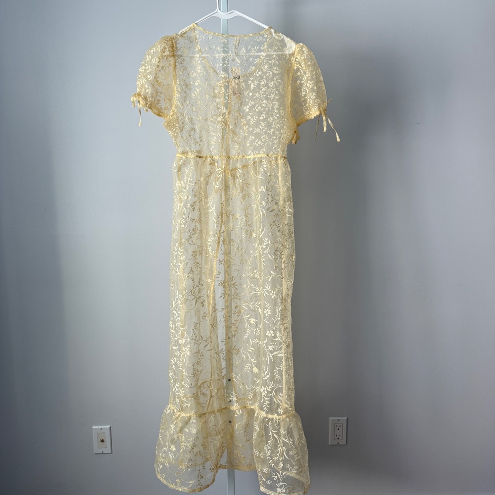 Anthropologie XS Canary Yellow Sheer Floral Maxi Dress Women New Tie Front Boho - Picture 9 of 9